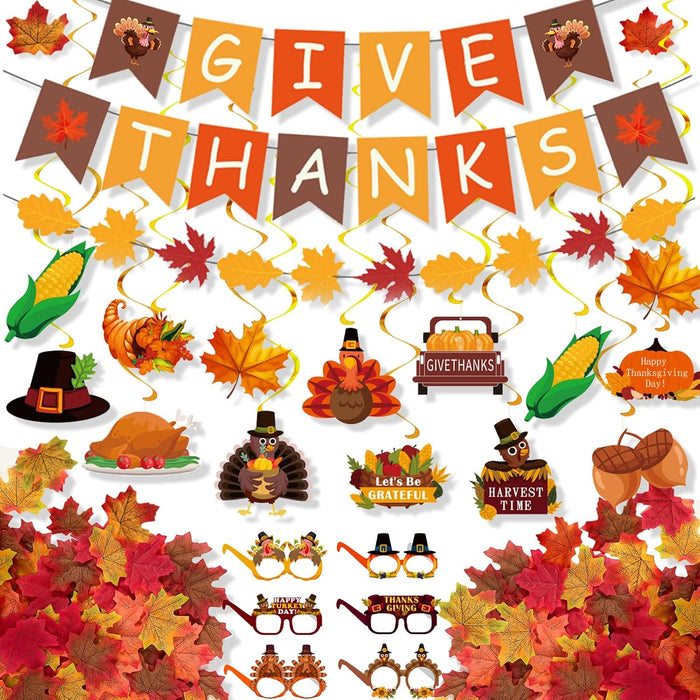 Thanksgiving Decorations Set, GIVE THANKS Banner and Garland, Hanging Swirls, Turkey Glasses and Maple Leaf for Indoor H