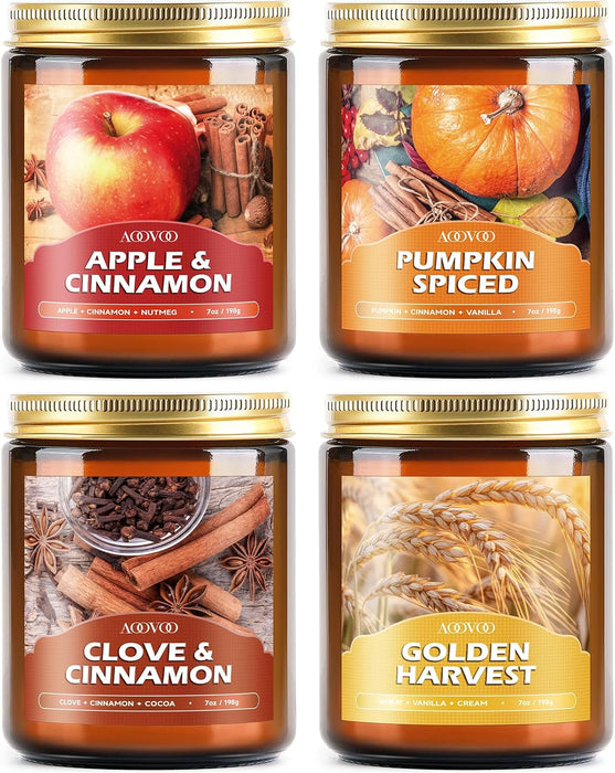 Fall Candles Set - 4 Pack Candles for Home Scented, 28 oz Natural Soy Wax 200 Hour Long Lasting, Autumn Gifts Set for Women Men Fall Fragrance of Pumpkin/Apple Cinnamon/Clove/Wheat Vanilla