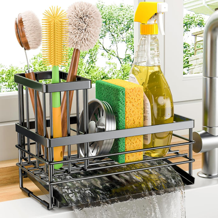 Sink Caddy Sponge Holder for Kitchen with Brush Holder and Stainless Steel Self Drain Tray, Rustproof Kitchen Sink Organizer for Sponge, Soap Dispenser Storage Accessories