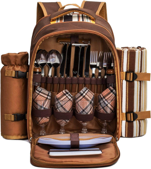 Picnic Backpack, 4-Person with Blanket & Wine, Family & Lovers Gift, Brown