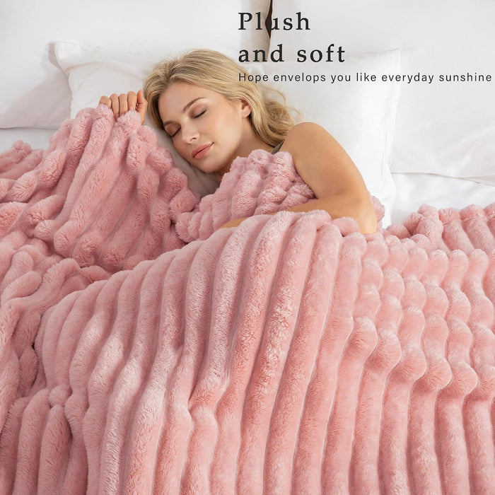 Striped Fleece Throw Blanket for Couch, Sofa, Pink