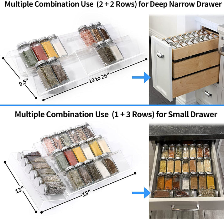 Clear Acrylic Spice Drawer Organizer, 4 Tier- 2 Set Expandable From 13" to 26" Drawer Seasoning Organizer, Kitchen Spice