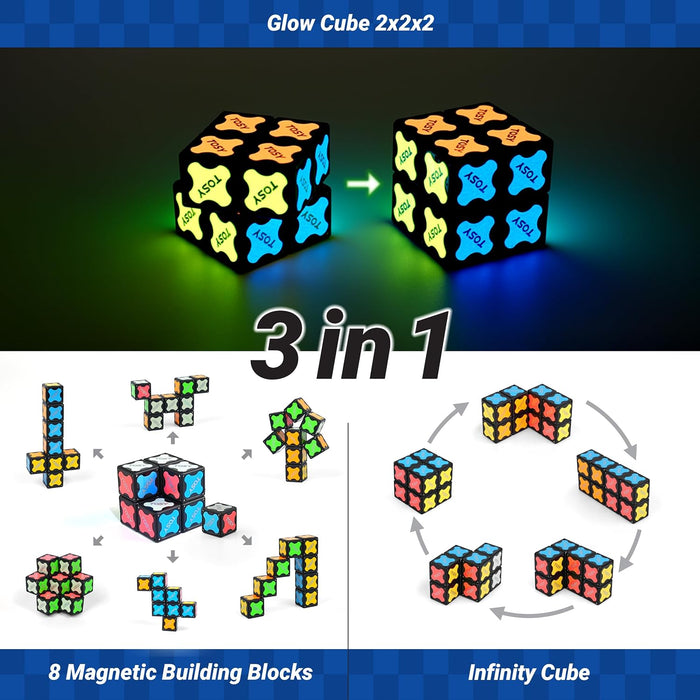 Magnet Cube 2x2 - 8 Blocks, 2 in 1 Toy: 2x2x2 Puzzle Cube and Customizable Infinity Cube, Glowing, UV Flashlight, Fidget