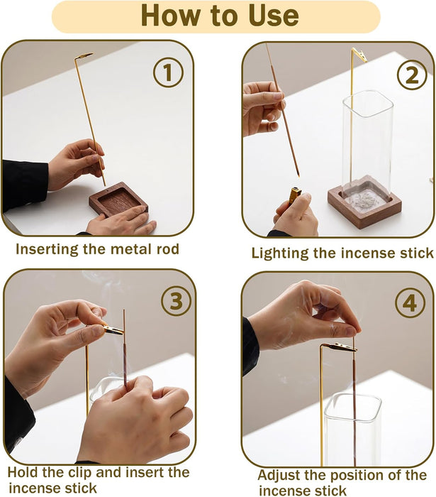 Incense Holder, Wooden Incense Burner with Glass Ash Catcher (Wooden Square)