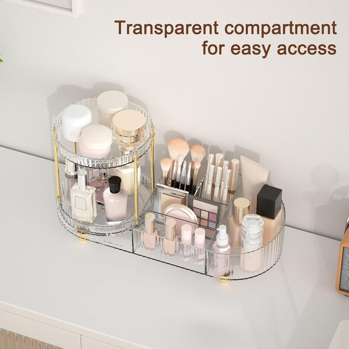 Makeup Organizer Countertop for Vanity, Rotating Perfume Tray with 5-compartment Cosmetic and Skincare Organizers, Multi