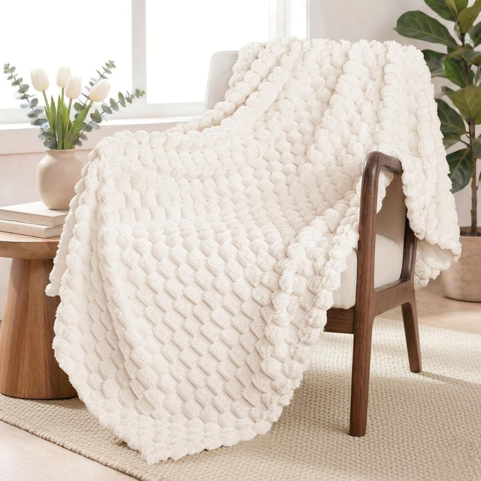 Large 3D Fleece Throw Blanket for Couch, Ivory