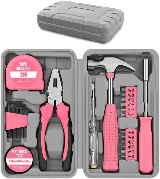 24Pcs Pink Home Repair Tool Kit for Women - Compact Mini Starter Hardware Set with Hammer, Pliers, Screwdrivers - Portab