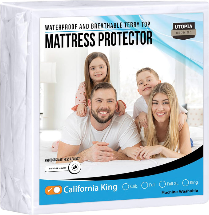 Waterproof Mattress Protector Twin Size, Premium Terry Mattress Cover 200 GSM, Breathable, Fitted Style with Stretchable Pockets (White)
