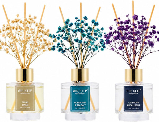 Reed Diffuser Set of 3,Clean Linen Ocean Mist&Sea Salt Lavender Eucalyptus Oil Reed Diffusers for Bedroom Living Room Office Aromatherapy Oil Reed Diffuser for Gift 50ml x 3