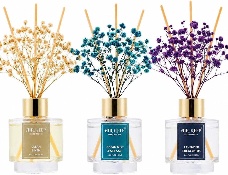 Reed Diffuser Set of 3,Clean Linen Ocean Mist&Sea Salt Lavender Eucalyptus Oil Reed Diffusers for Bedroom Living Room Office Aromatherapy Oil Reed Diffuser for Gift 50ml x 3