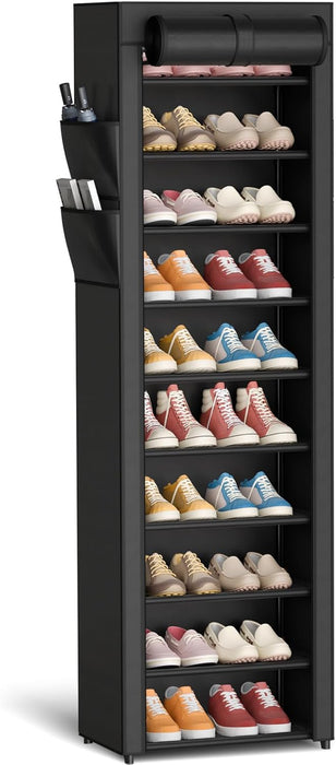 10-Tier Shoe Rack with Cover, Vertical Shelf, 17.5" Wide, Black