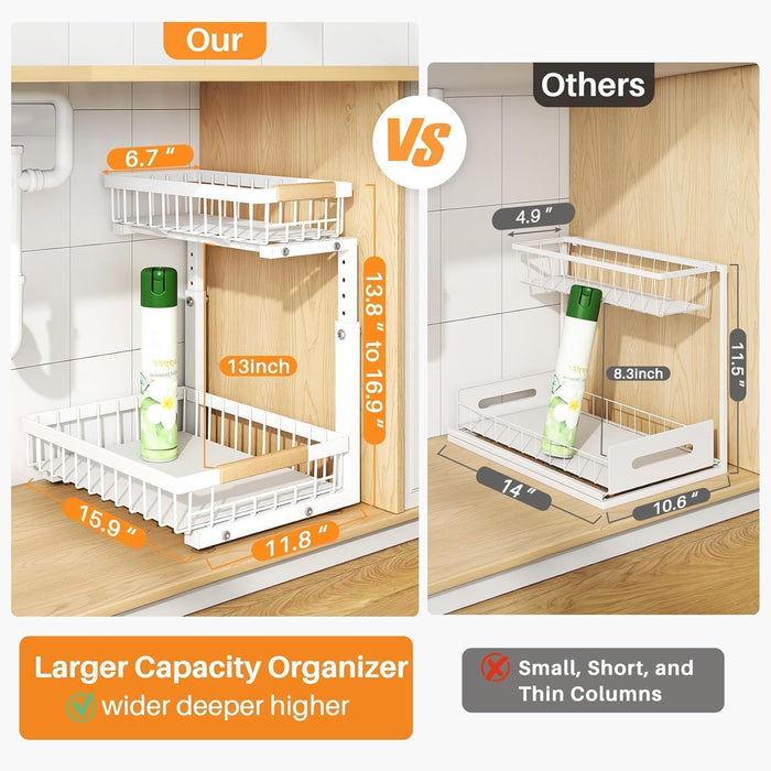 Under Sink Organizer, Adjustable Height, 2 Tier Pull Out Under Cabinet Organizer, Slide Out Thickened Metal Under Sink Storage for Kitchen Bathroom Laundry Pantry Cabinet, White, Large-2-Pack