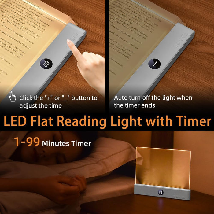Book Light, Rechargeable Clear LED Flat Book Lights for Reading in Bed at Night with Dimmable 3 Colors & Timer, Full Pag