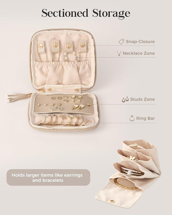 Travel Jewelry Case Organizer, Small Soft Jewellery Pouch -Oatmeal