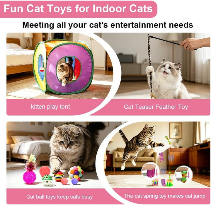 33Pcs Cat Toys Pack for Indoor Cats Kitten, with Cube Tunnel