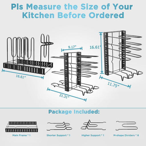 Pots and Pans Organizer Under Cabinet 16.6", 8-Tier Adjustable Rack