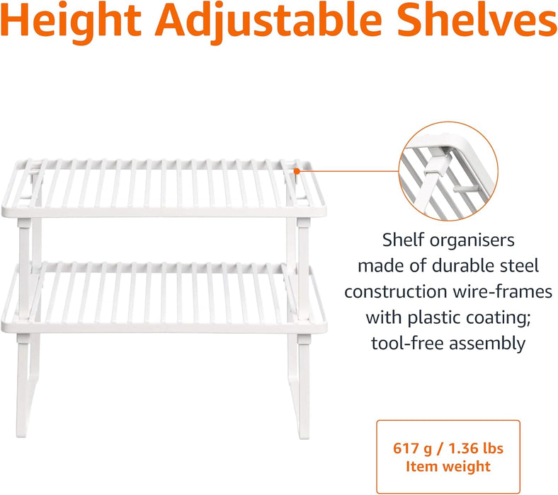 Space-Saving Stackable Metal Kitchen Cabinet Organizer Shelves for Dishes, Pantry Organization, 12.5" L x 8" D x 4.5" H, Set of 2, White
