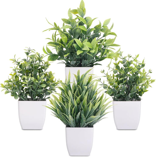 Fake Plants 4 Packs Small Artificial Greenery Mini White Potted Plants Bathroom Accessories Decorations for Desk Bathroom Office Home Room Kitchen Table Indoor