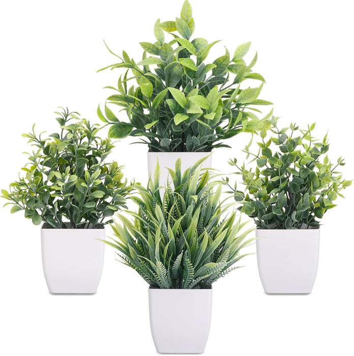 Fake Plants 4 Packs Small Artificial Greenery Mini White Potted Plants Bathroom Accessories Decorations for Desk Bathroom Office Home Room Kitchen Table Indoor