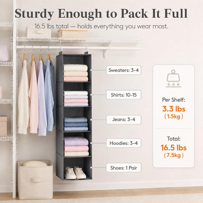 Hanging Closet Organizer and Storage for Clothes 5 Tier