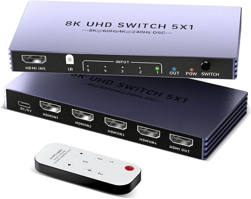 8K@60Hz 4K@240Hz HDMI Switch 5 in 1 Out - HDMI2.1 Switch with Remote HDR10+ HDMI2.1 3D CEC HDR HDCP2.3, Used for PS5/4/3 Xbox DVD Player Nintendo Roku PC Fire Stick Apple TV