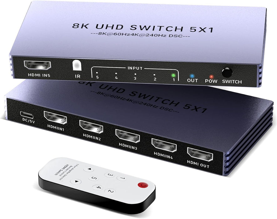 8K@60Hz 4K@240Hz HDMI Switch 5 in 1 Out - HDMI2.1 Switch with Remote HDR10+ HDMI2.1 3D CEC HDR HDCP2.3, Used for PS5/4/3 Xbox DVD Player Nintendo Roku PC Fire Stick Apple TV