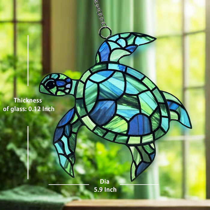 Sea Turtle Suncatcher Decor, Sea Turtles Stained Glass Window Hanging for Turtle Lovers, Wall Decor for Indoor Outdoor.