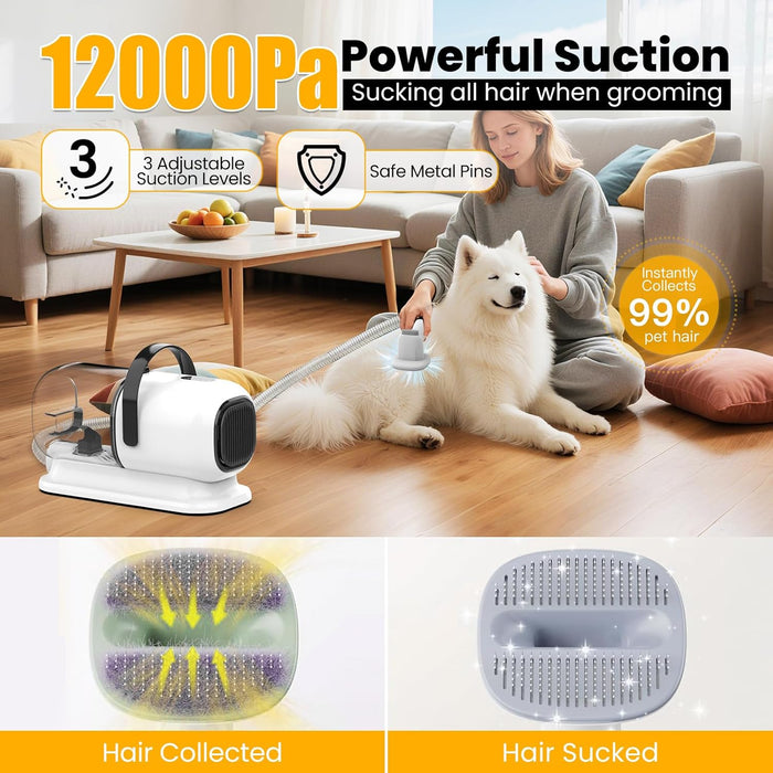 Dog Grooming Vacuum, All-in-One Pet Grooming Kit with Hair Clipper & Shedding Brush, Low Noise 12,000Pa Dog Hair Remover Vacuum, Pet Groomer Set with Cleaning Brushes, PG01