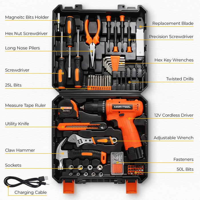 152 Piece Basic Tool Set, Portable Tool Box with 12V Cordless Drill, Home Repair Hand Tool Kit, General Household Drill 