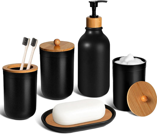 Black Bathroom Accessories Set 5 Pcs, Matte Black Bathroom Accessories, Plastic Soap Dispenser and Toothbrush Holder Set