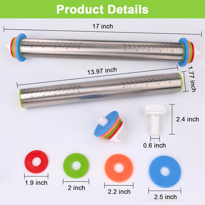 Adjustable Rolling Pin with Thickness Rings for Baking, Stainless Steel Designs Dough Roller Pins for Cookie Decorating 