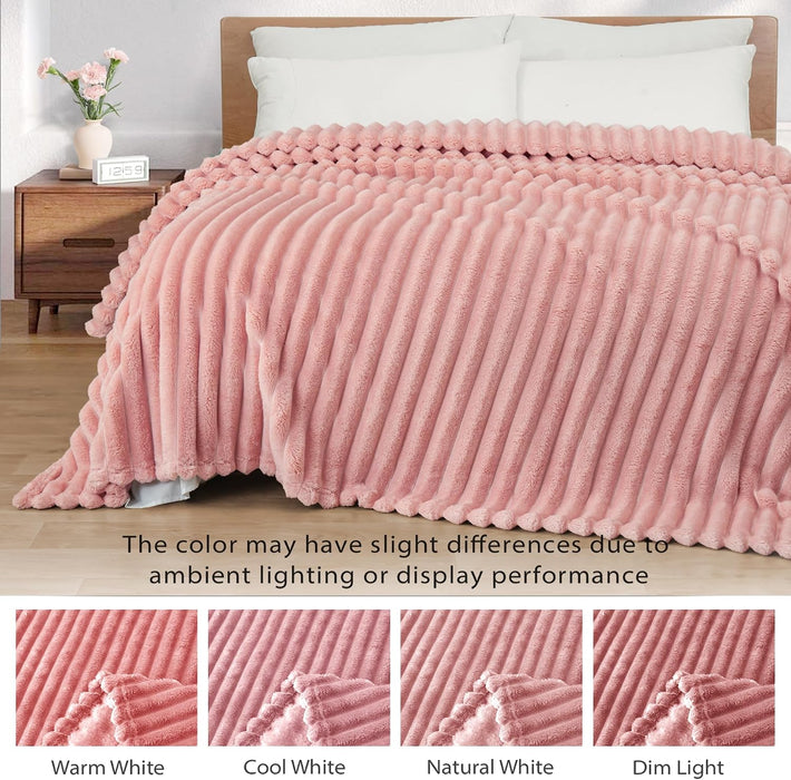 Striped Fleece Throw Blanket for Couch, Sofa, Pink