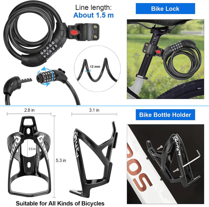 8 Pack Bicycle Accessories, Bike Light Set USB Rechargeable, 1 Bike Water Bottle Holder, Bicycle Bag and 1 Bike Aluminum
