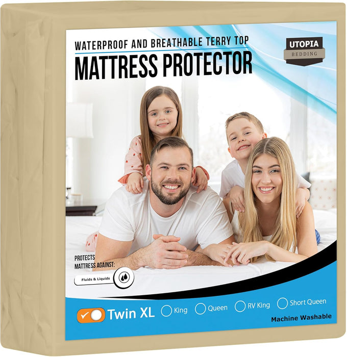Waterproof Mattress Protector Twin Size, Premium Terry Mattress Cover 200 GSM, Breathable, Fitted Style with Stretchable Pockets (White)