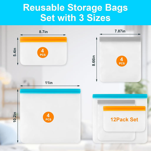 12 Pack Reusable Freezer Bags Dishwasher Safe, Leakproof Food Storage Bags, Silicone Bags for Food Storage Home Organiza