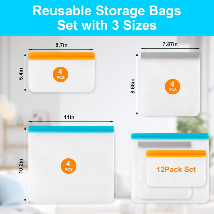 12 Pack Reusable Freezer Bags Dishwasher Safe, Leakproof Food Storage Bags, Silicone Bags for Food Storage Home Organiza