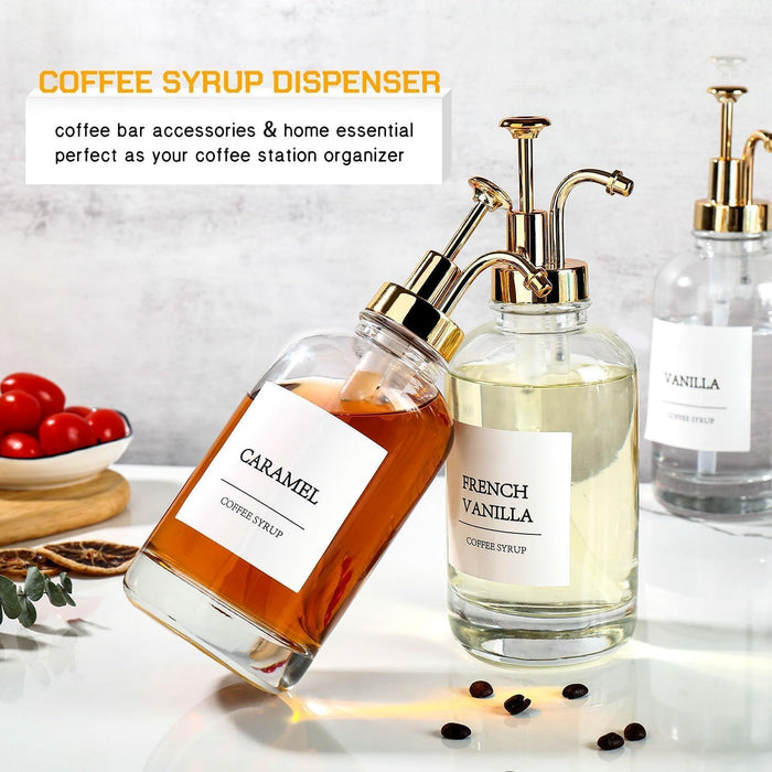 Coffee Bar Accessories,Coffee Syrup Dispenser with Labels for Coffee Bar,Pack of 4,Total 67.6 oz (Gold Pump)