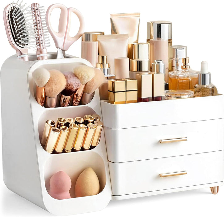 Makeup Organizer with Brush Holder for Vanity, Large Plastic Bathroom Countertop Organizer Skin Care Storage, Easy to St