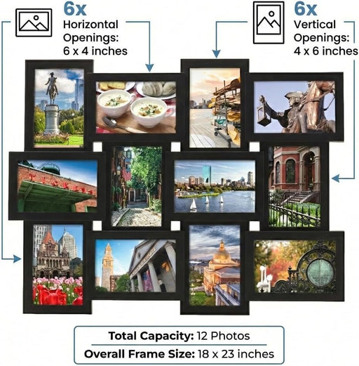 Collage Picture Frame 18x23 Inch Black - Holds 12 Photos in 4x6 and 6x4 Formats - Wall Display for Home Decor, Horizontal or Vertical Hanging