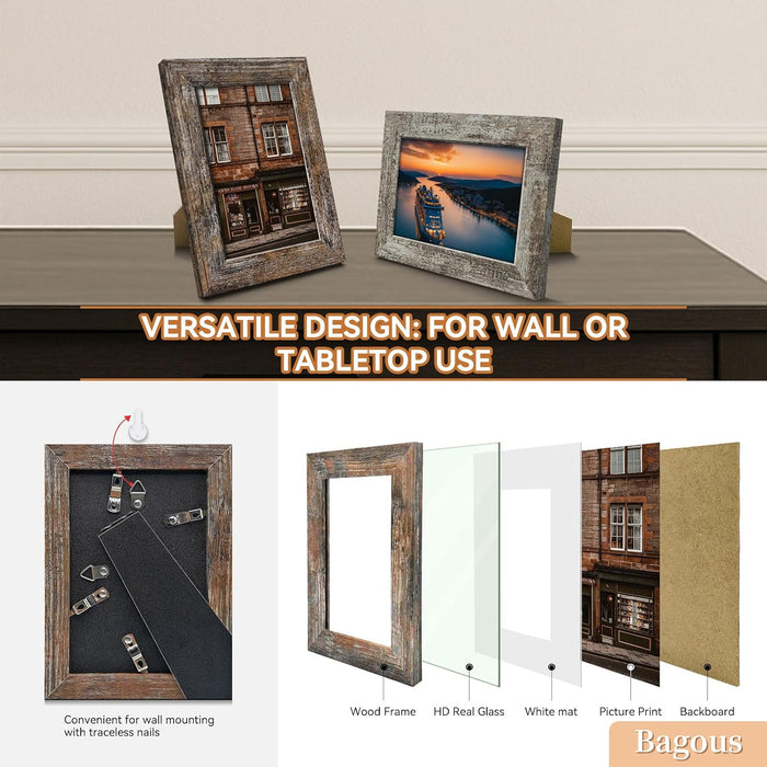 5x7 Picture Frames Set of 8, Vintage Rustic Farmhouse Industrial Style Photo Frames, High Definition Real Glass, for Tabletop or Wall Hanging