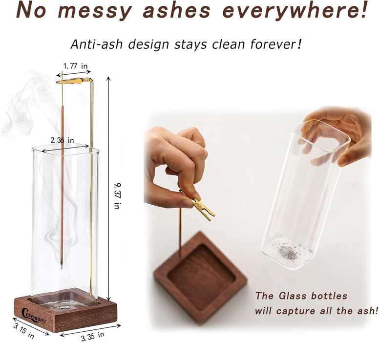 Incense Holder, Wooden Incense Burner with Glass Ash Catcher (Wooden Square)