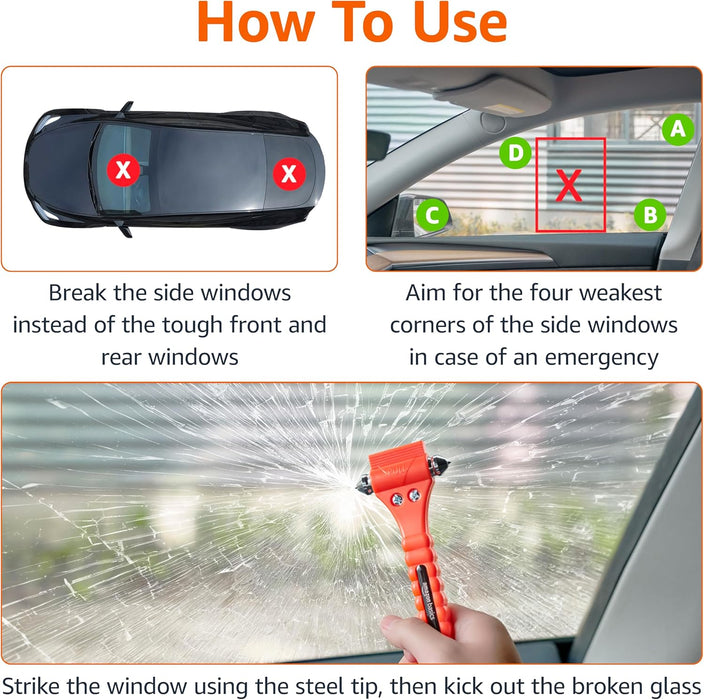 Emergency Escape Tool, Window Breaker and Seatbelt Cutter, Car Safety Hammer with Protective Bracket, Bright Orange, 2 P