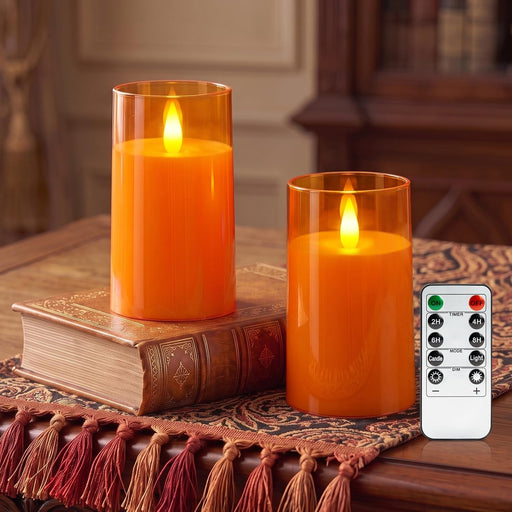 Orange Flameless Candles, Realistic Flickering LED Candles, Set of 2