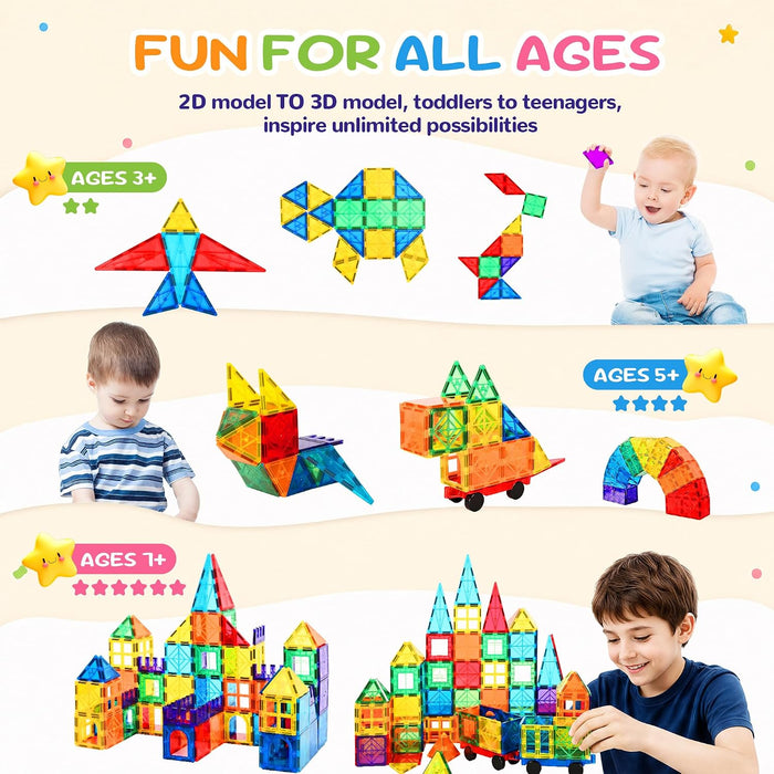 100 Pcs Magnetic Tiles, Magnet 3D Building Blocks Set with 2 Cars
