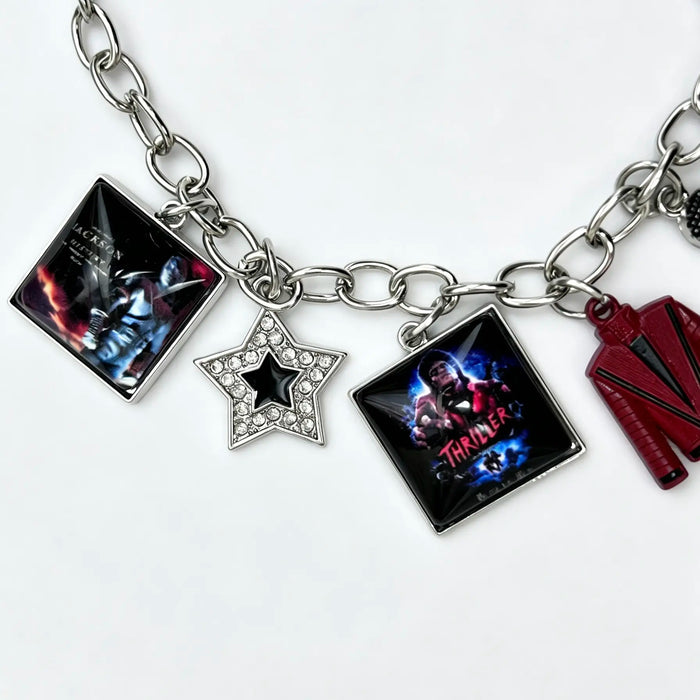 Music Inspired Michael Jackson Charm Bracelet, Vintage Link Chain Bracelet with Microphone, Jacket & Album Charms, Unisex Fan Gift, Back to School Jewelry Gift Fashion Woman