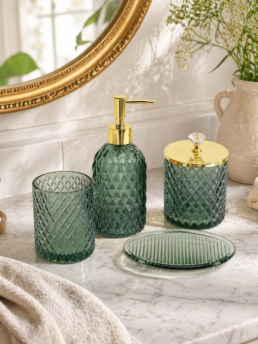 Glass Bathroom Accessories Set, Sage Green Bathroom Set, 4 Pcs