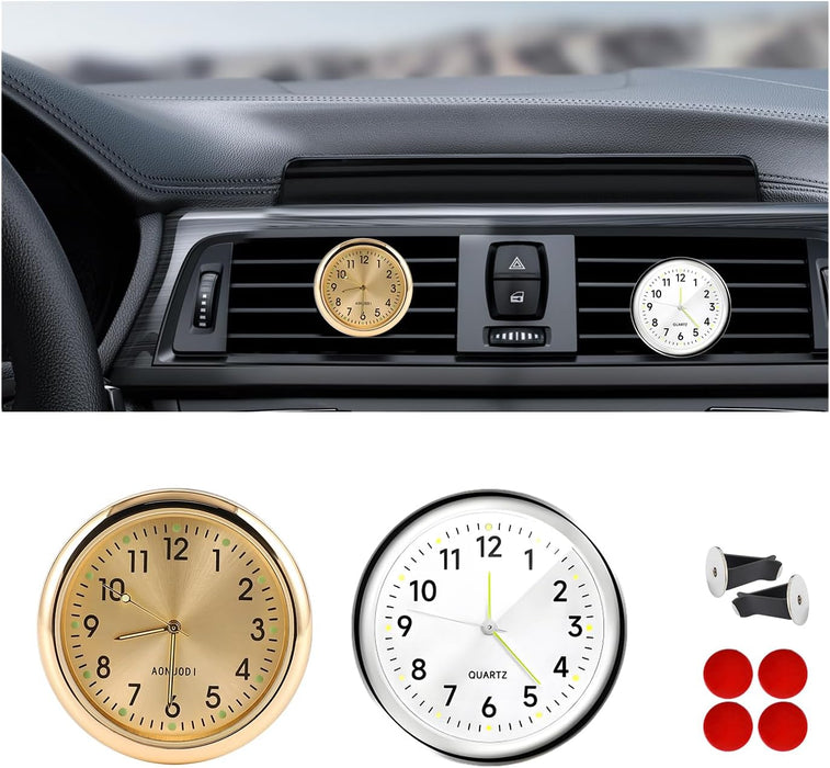 2PCS Stick on Dashboard Car Clock, Mini Luminous Analog Clock with Vent Clip & Adhesive Tape, Tiny Watch Pocket Clock Air Vent Dashboard Decor for Car Motorcycle Bike Home (Golden+White)