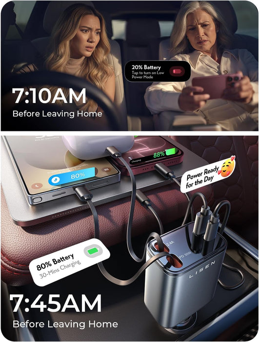 Retractable Car Charger, 84W Car Charger USB C Fast Charge, 4 in 1