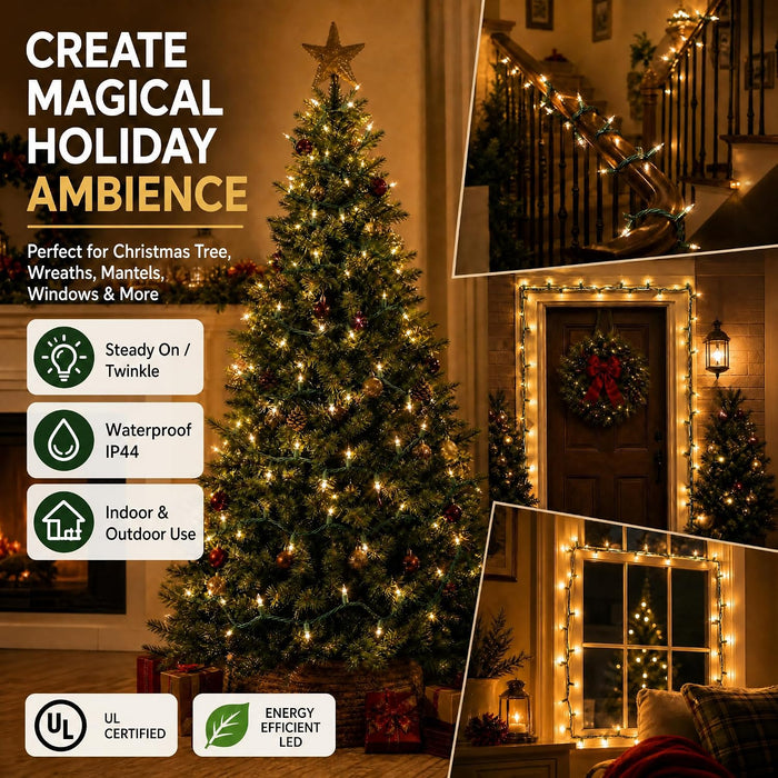 Warm White Christmas Lights, 2 Pack Total 40FT 200 Count Incandescent Christmas Mini Tree String Lights, Waterproof Christmas Decorations for Outdoor Indoor Xmas Patio Home Party Garden Yard Decor