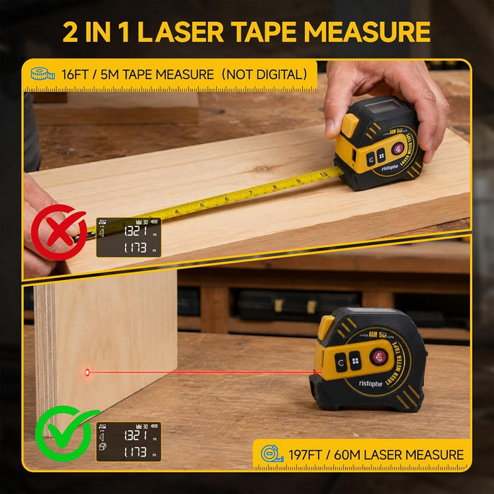 2-in-1 Laser Tape Measure, 197Ft Rechargeable Laser Measuring Tool & 16Ft Measuring Tape with LCD Display - Pythagorean, Area, Volume Digital Tape Measure for Construction & DIY (M/in/Ft)